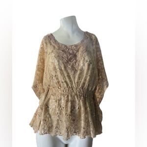 Heart Soul Women Size  L Sheer Short Sleeve Lace Overshirt/Beige/Gold Sequins